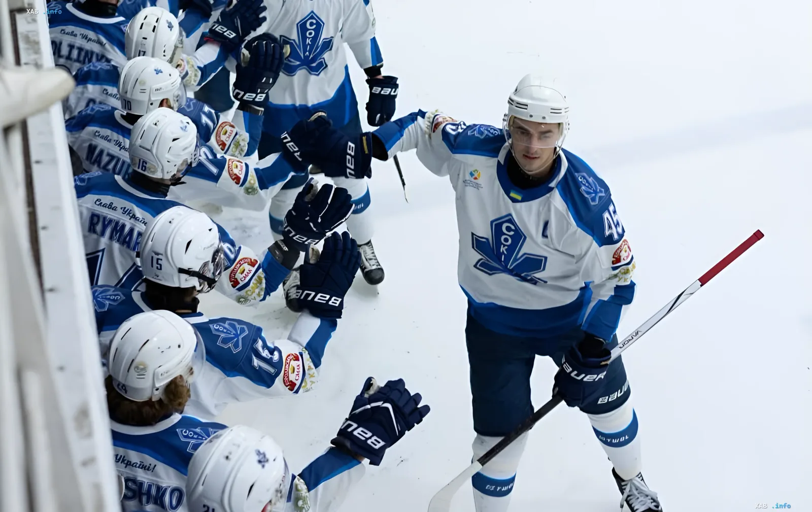 Kyiv Sokol ice hockey players celebrating victory on the ice