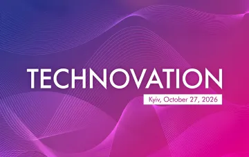 Lila abstrakter Hintergrund mit Wellenlinien und dem Text TECHNOVATION Kyiv, October 27, 2026