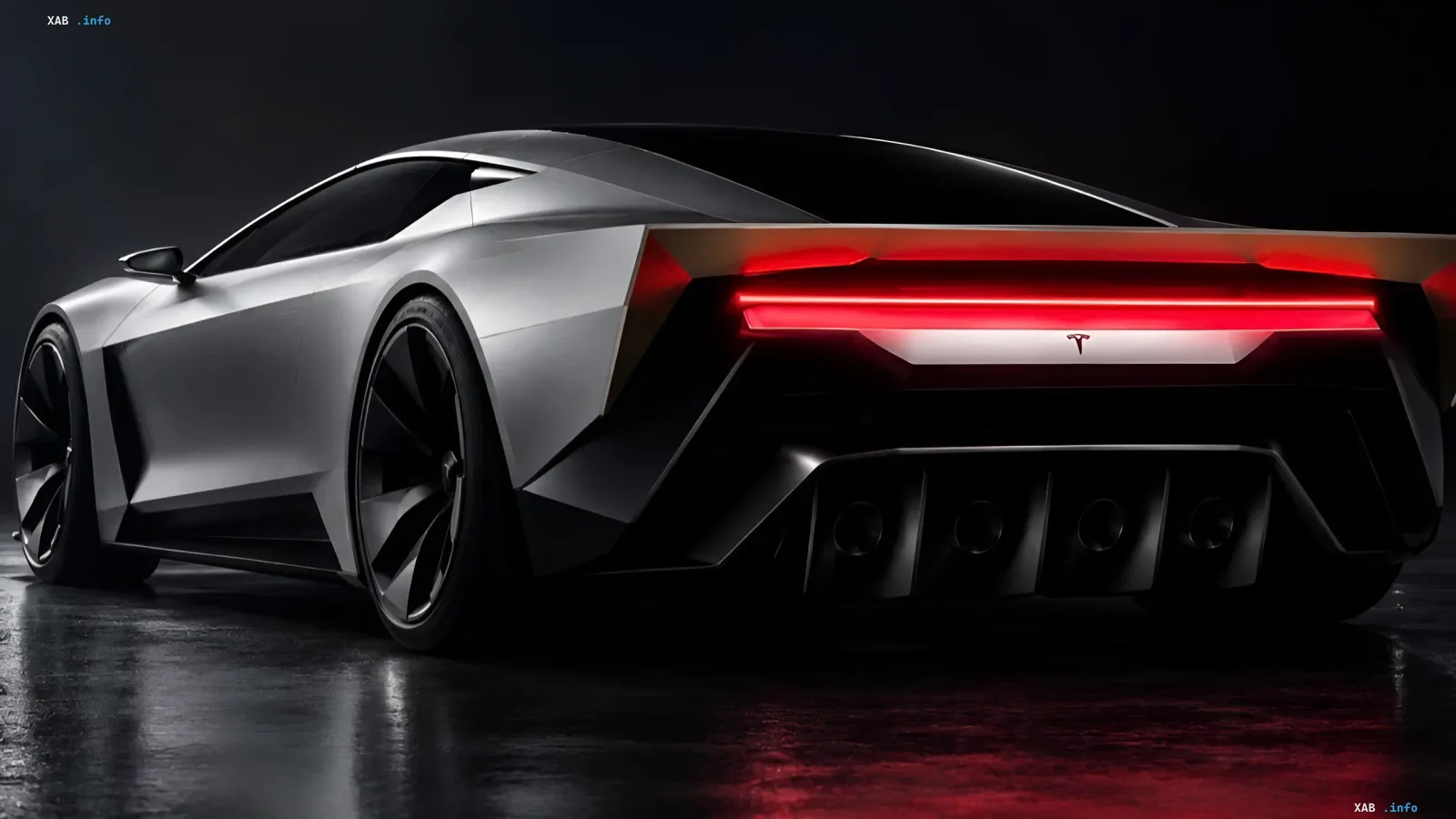 Задня частина футуристичного сріблястого суперкара Tesla Roadster з червоною світлодіодною смугою та масивним аеродинамічним дифузором
