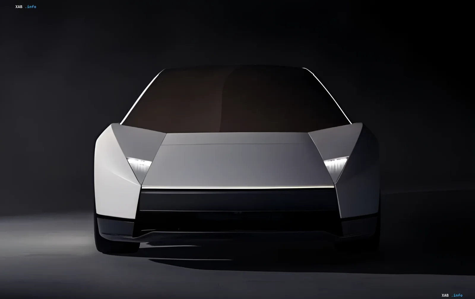 futuristic white Tesla Roadster electric car with angular design in a dark studio