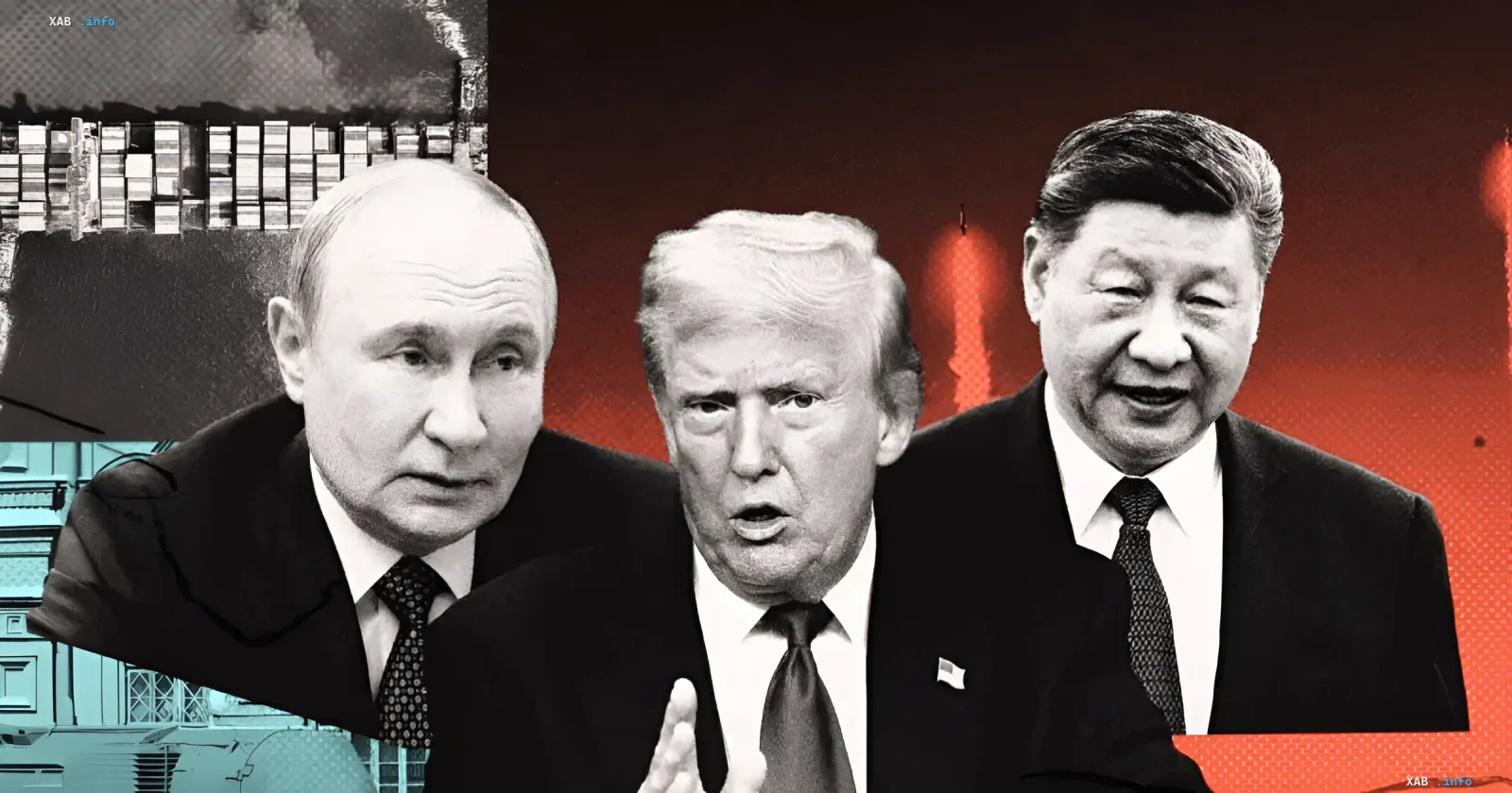 Коллаж с изображением Владимира Путина, Дональда Трампа и Си Цзиньпина на фоне стратегических ракет и кораблей