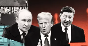 Коллаж с изображением Владимира Путина, Дональда Трампа и Си Цзиньпина на фоне стратегических ракет и кораблей