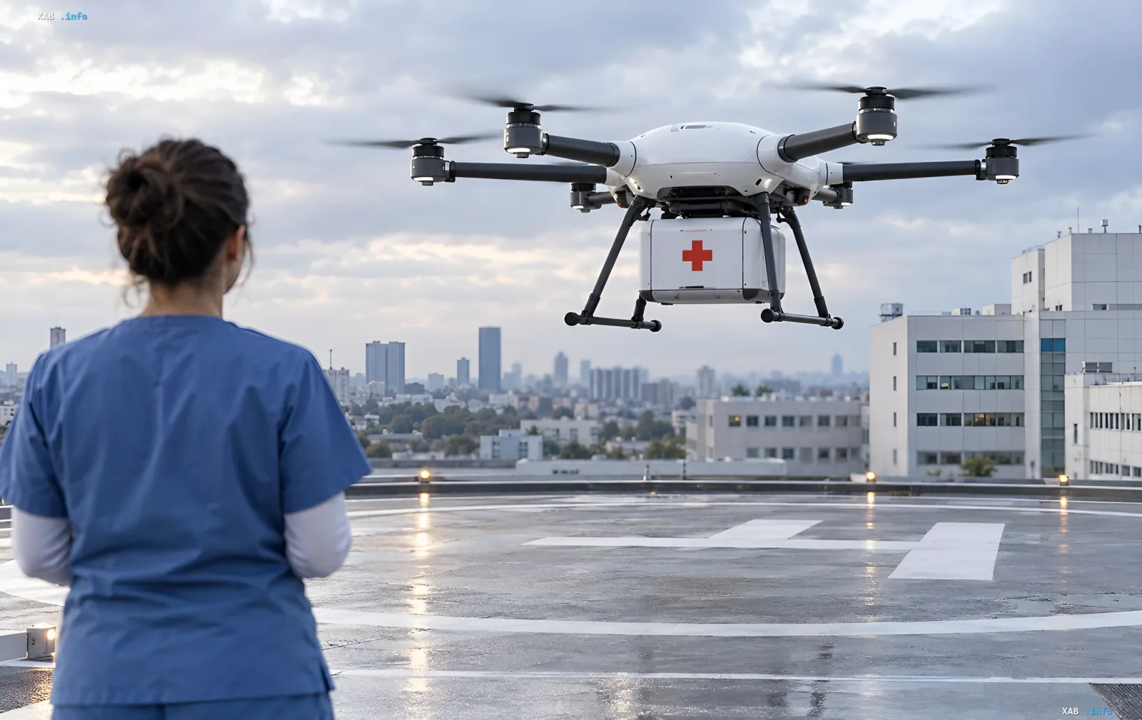 Medical drone with a red cross on its cargo container hovering above a hospital helipad