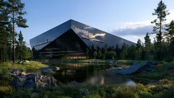 futuristisches Rechenzentrum mit schwarzen Spiegelhausfassaden inmitten eines Nadelwaldes an einem See