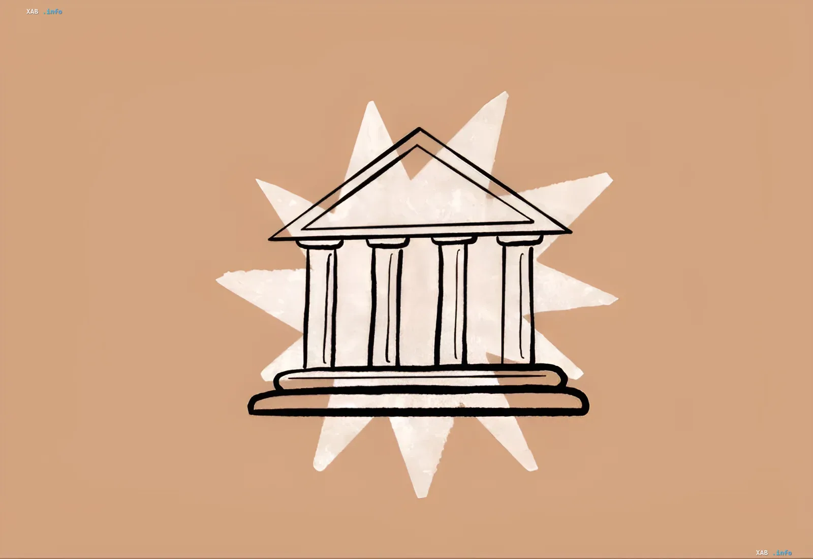 Stylized graphic illustration of a building with columns over a glowing star background.