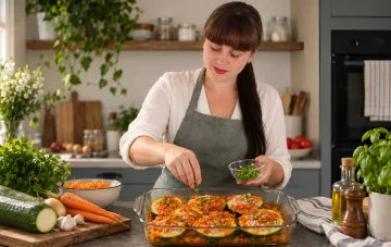 Eine Frau in einer Schürze gibt grüne Erbsen in eine Auflaufform mit gefüllten Zucchini in einer Küche.
