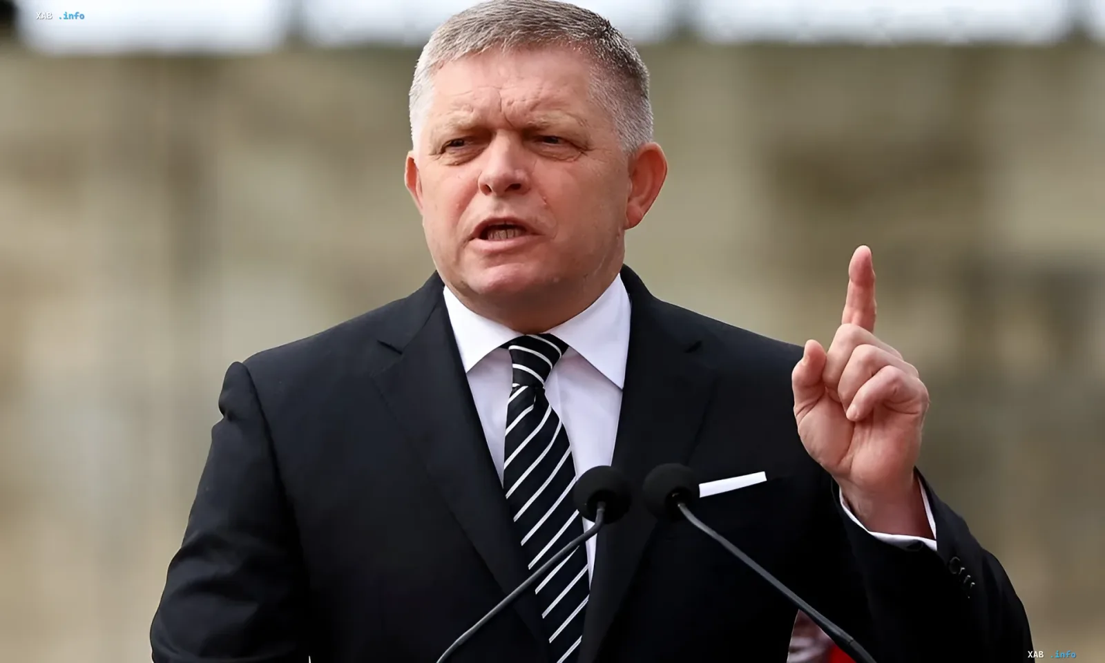 Slovak Prime Minister Robert Fico speaking against EU military credits
