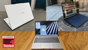 Neue Googlebook-Laptops von Lenovo, HP und Dell auf einem Holztisch während des Tom's Hardware Tests.