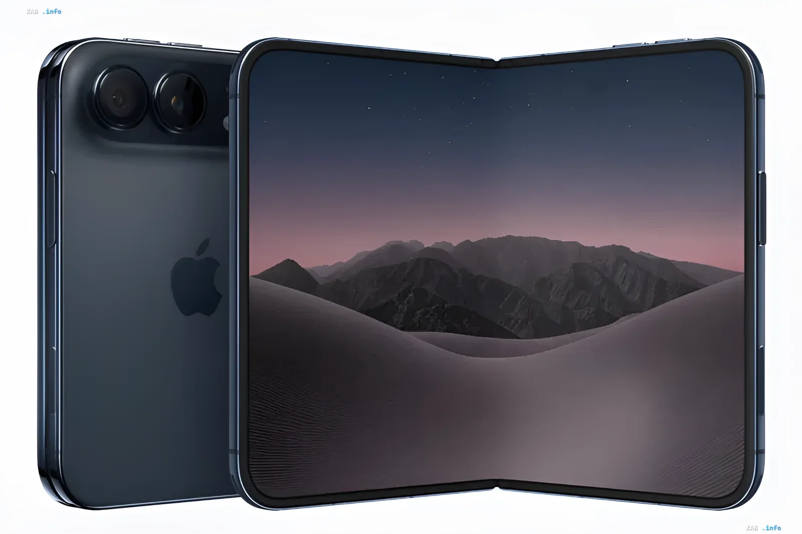 Складной смартфон Apple iPhone Duo в темно-синем корпусе с открытым двойным экраном