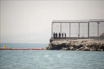 Border fence on the sea coast and security personnel against the background of the sea