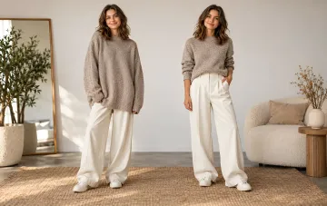 Two models wearing beige oversized sweaters and wide white trousers standing on a rug