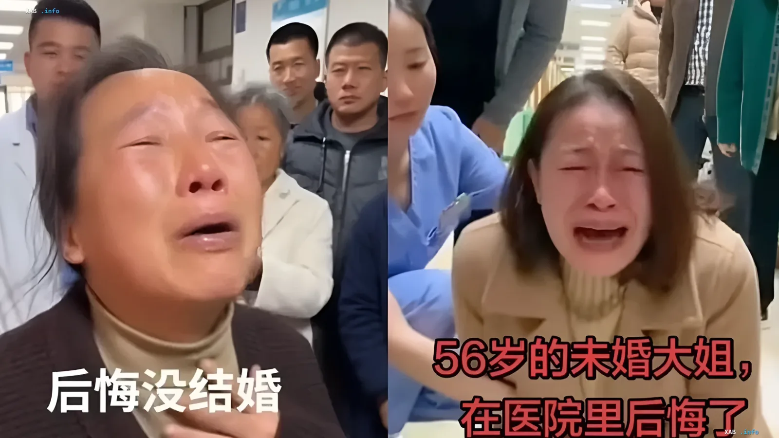 Two women crying in hospital rooms in viral AI videos about regret over being single.