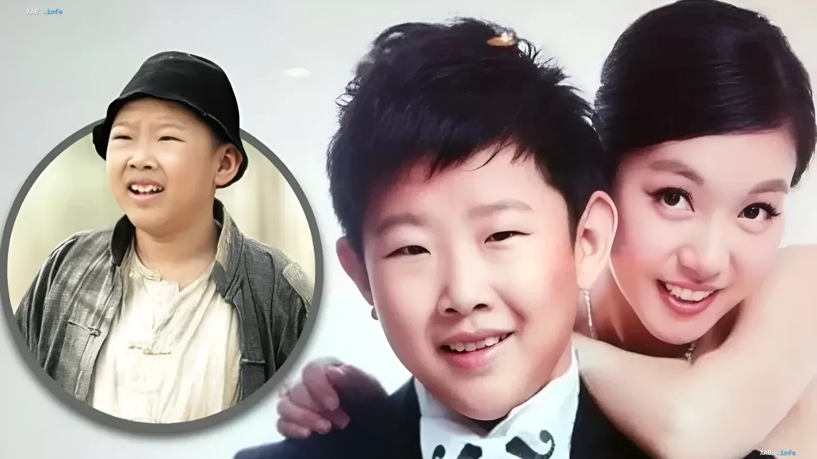 40-year-old Chinese actor Hou Xiang with a child-like appearance poses in a photo next to his wife