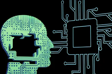 Schematische Darstellung eines menschlichen Profils mit digitalen Mikrochips und einem Prozessor vor schwarzem Hintergrund