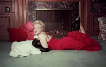 Marilyn Monroe lying on a carpet in a red dress holding a white flower near a fireplace