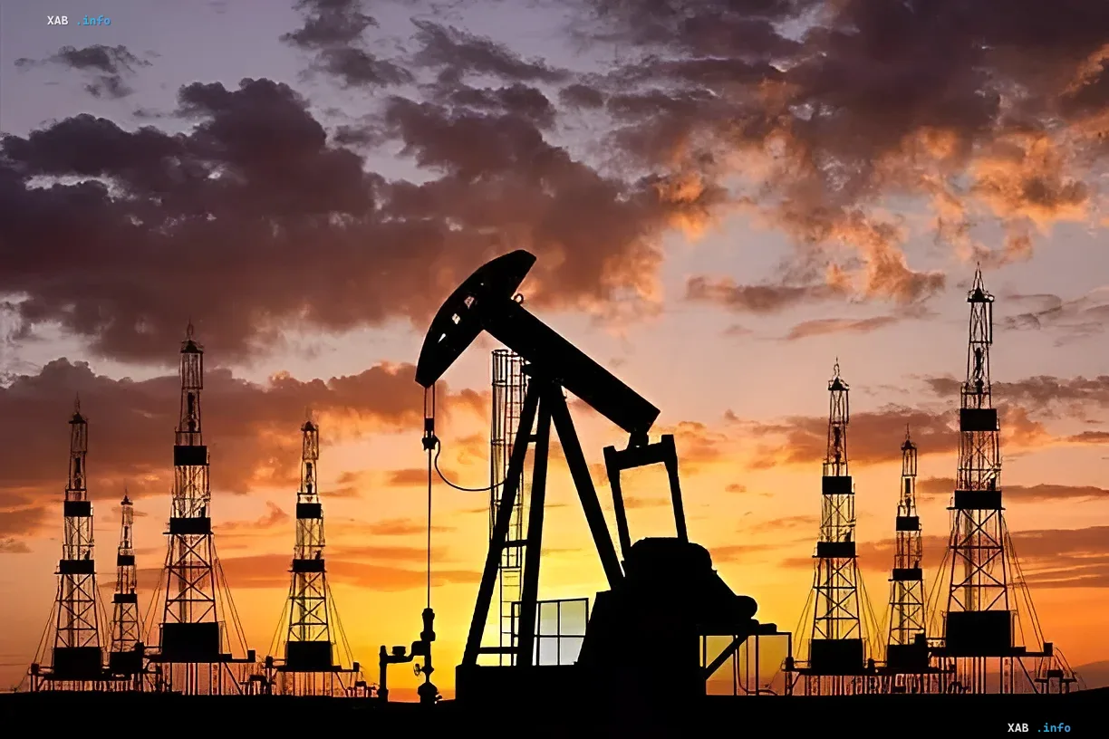 Силуэты нефтяных вышек и качалок на фоне заката в степи