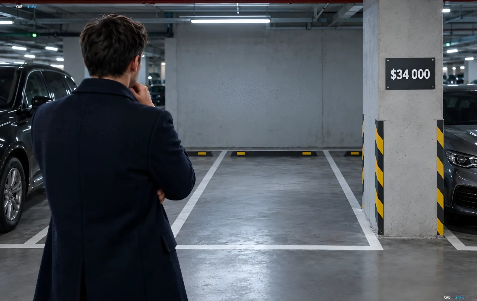 Man in coat standing in an underground parking lot in front of a vacant space with a 34,000 dollar price tag