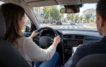 Fahrlehrer nimmt praktische Fahrprüfung bei einer Fahrschülerin im Auto ab