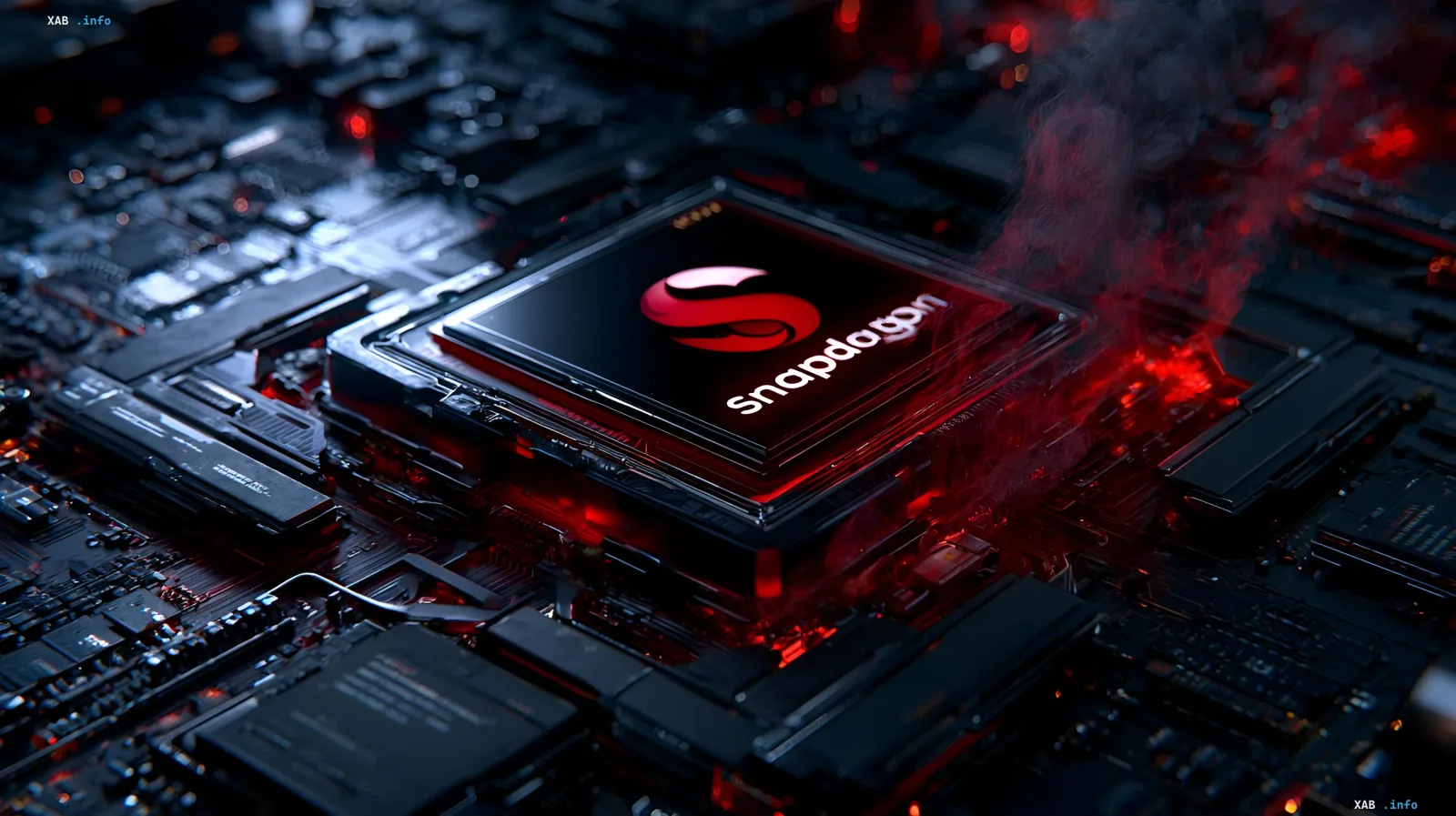 Процесор Snapdragon із червоним підсвічуванням та димом на друкованій платі