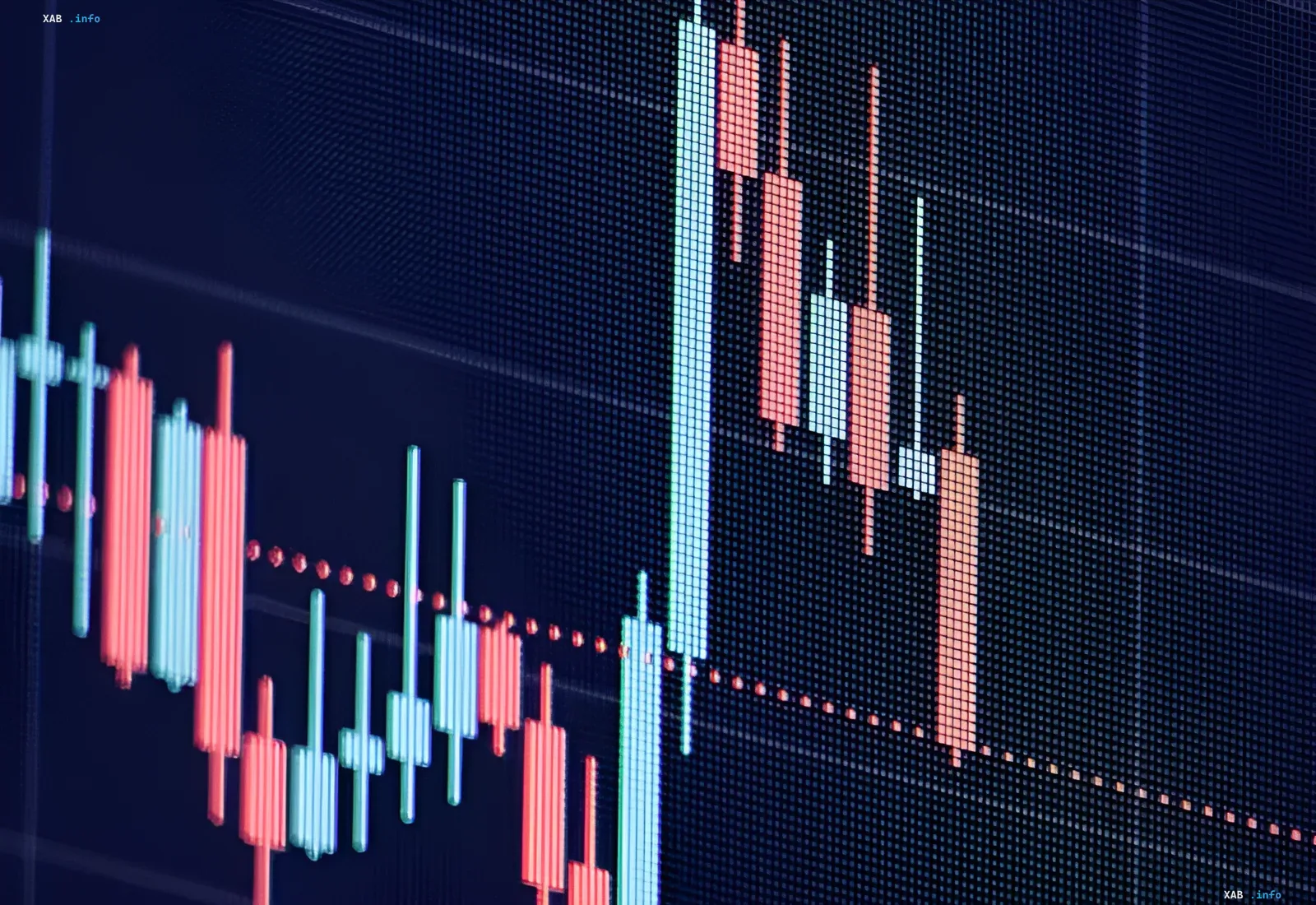 Börsengrafik mit roten und blauen Kerzen, die den Rückgang der Chip-Aktien zeigt