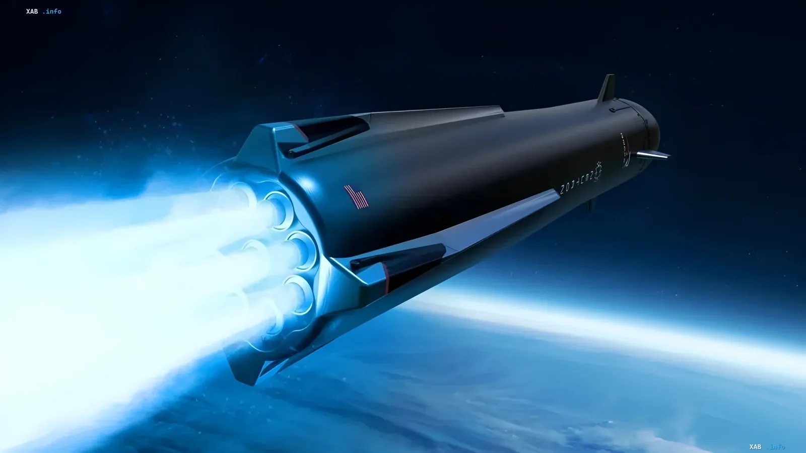 Rocket Lab black Neutron rocket in space flight with active engines