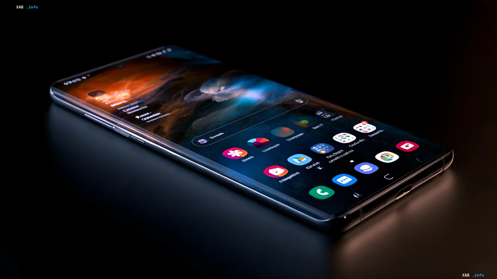 Сучасний смартфон Samsung із яскравим дисплеєм лежить на темній поверхні