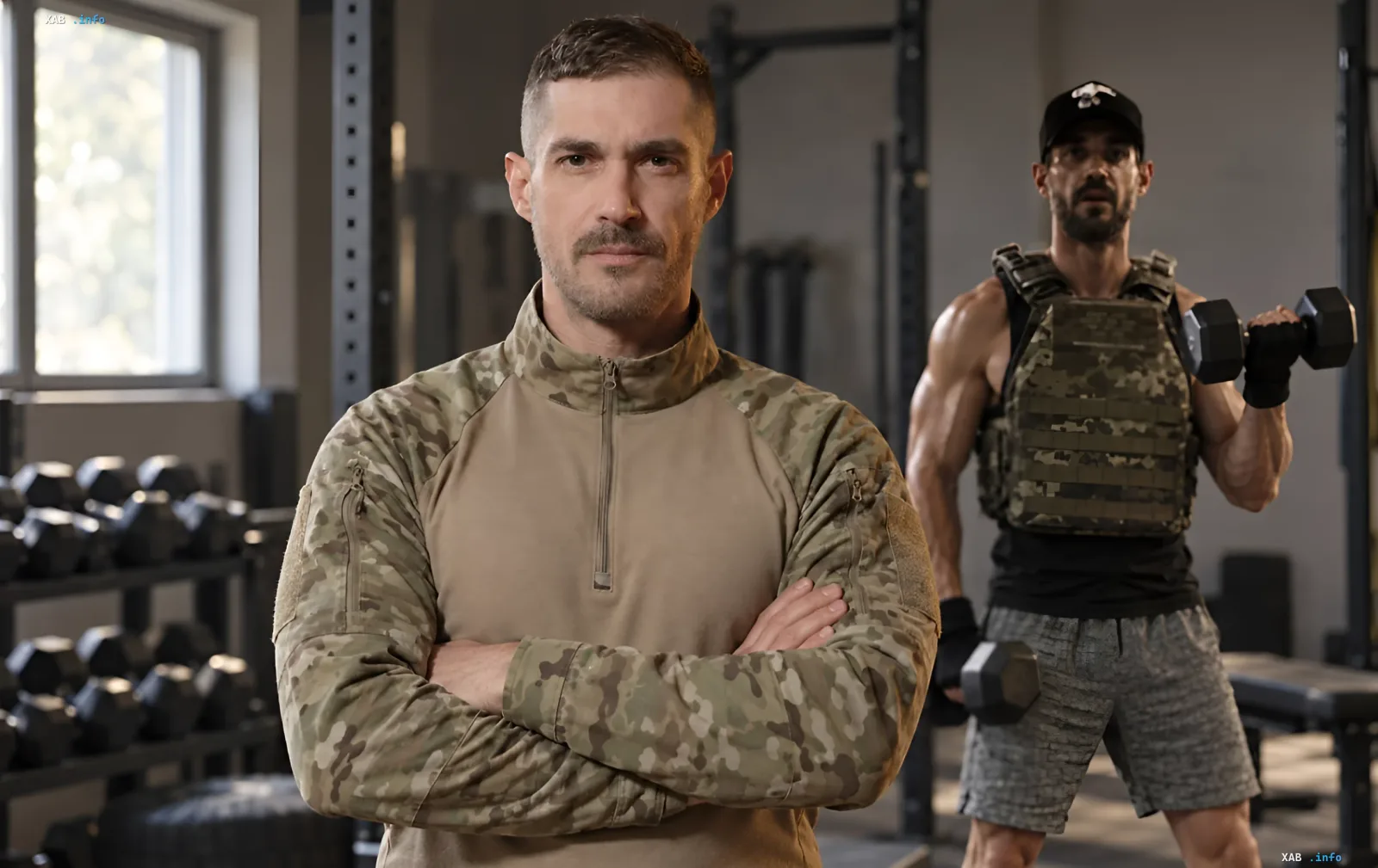 Schauspieler Serhij Strelnykow in Camouflage-Kleidung posiert mit gekreuzten Armen im Fitnessstudio vor dem Hintergrund eines trainierenden Kollegen