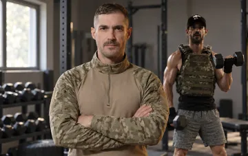 Actor Serhiy Strelnikov in camouflage attire poses with crossed arms in a gym against the background of a training colleague