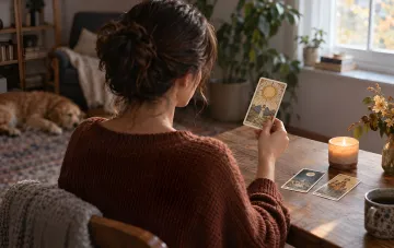 Женщина гадает на картах Таро за деревянным столом с зажженной свечей и чашкой чая