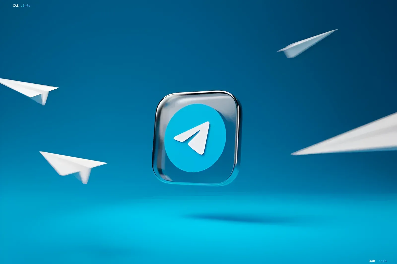 Blaues Telegram-Messenger-Symbol im Glasstil vor dem Hintergrund fliegender Papierflieger