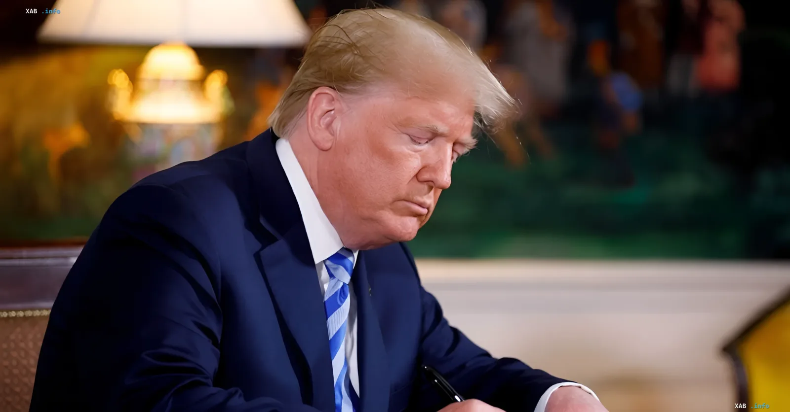 Дональд Трамп сидить за столом і зосереджено підписує офіційний указ у Білому домі