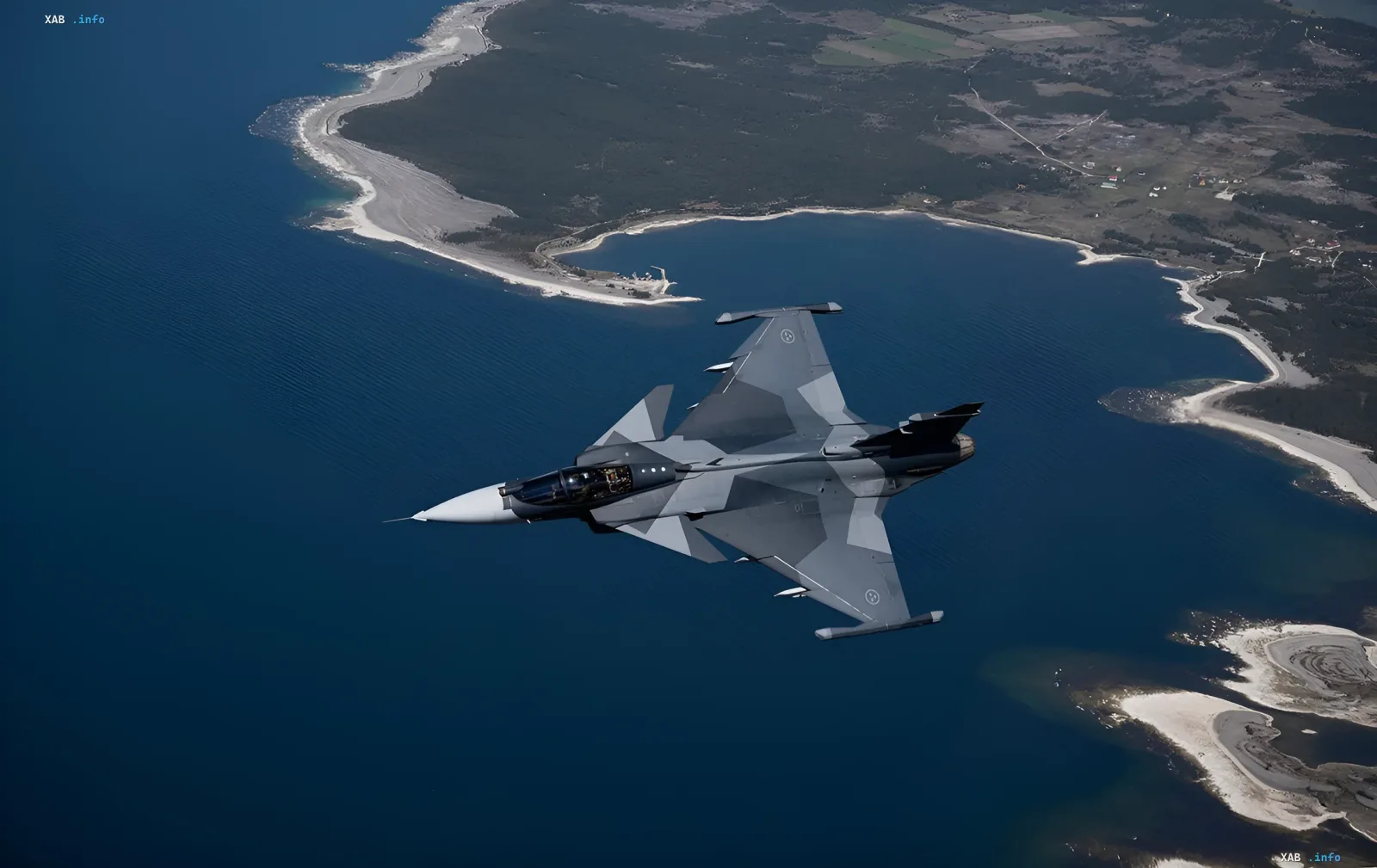 Schwedisches Mehrzweck-Kampfflugzeug JAS 39 Gripen im Flug über einer Küste