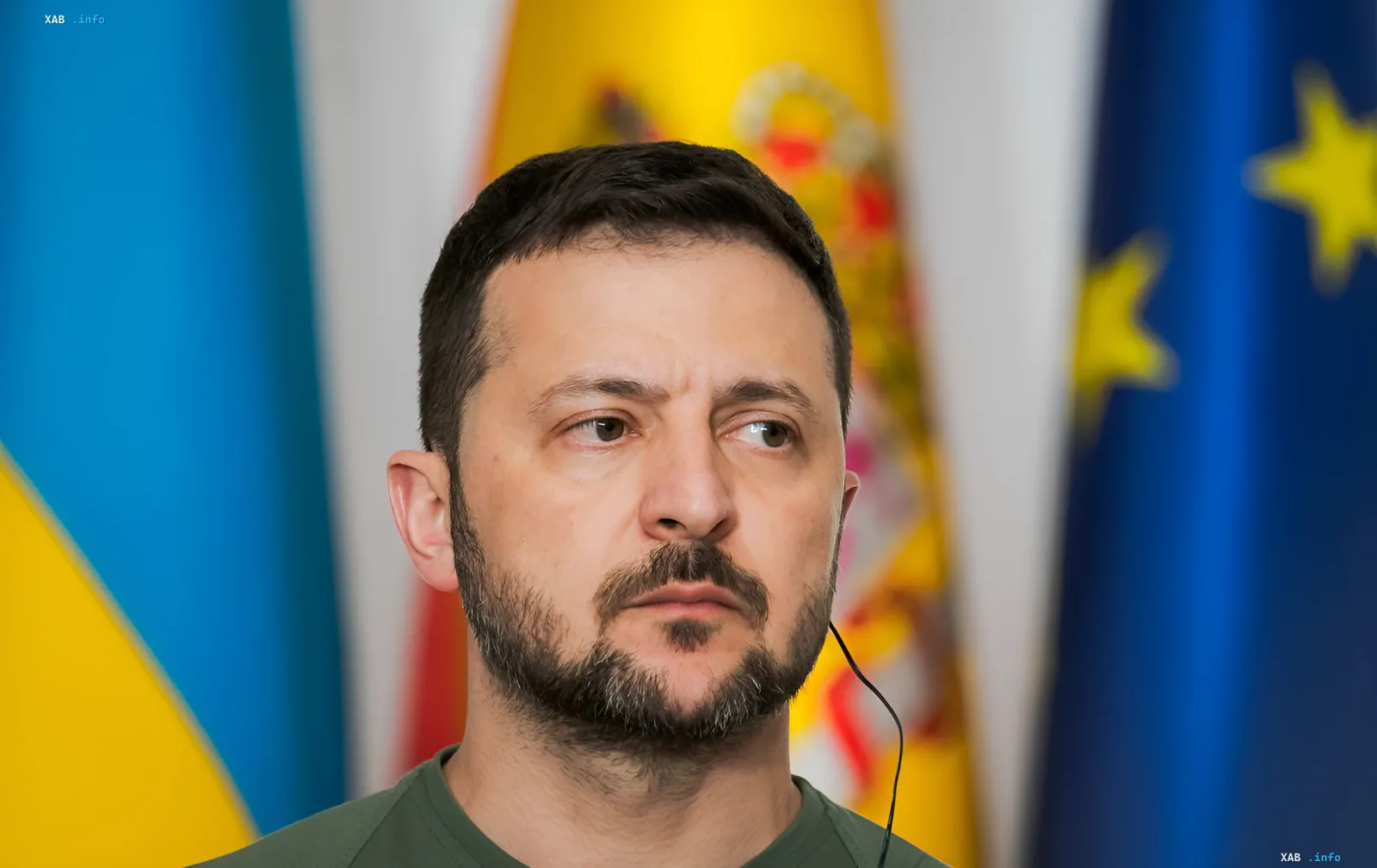 Ukrainian President Volodymyr Zelenskyy speaks at a press conference against the background of national flags