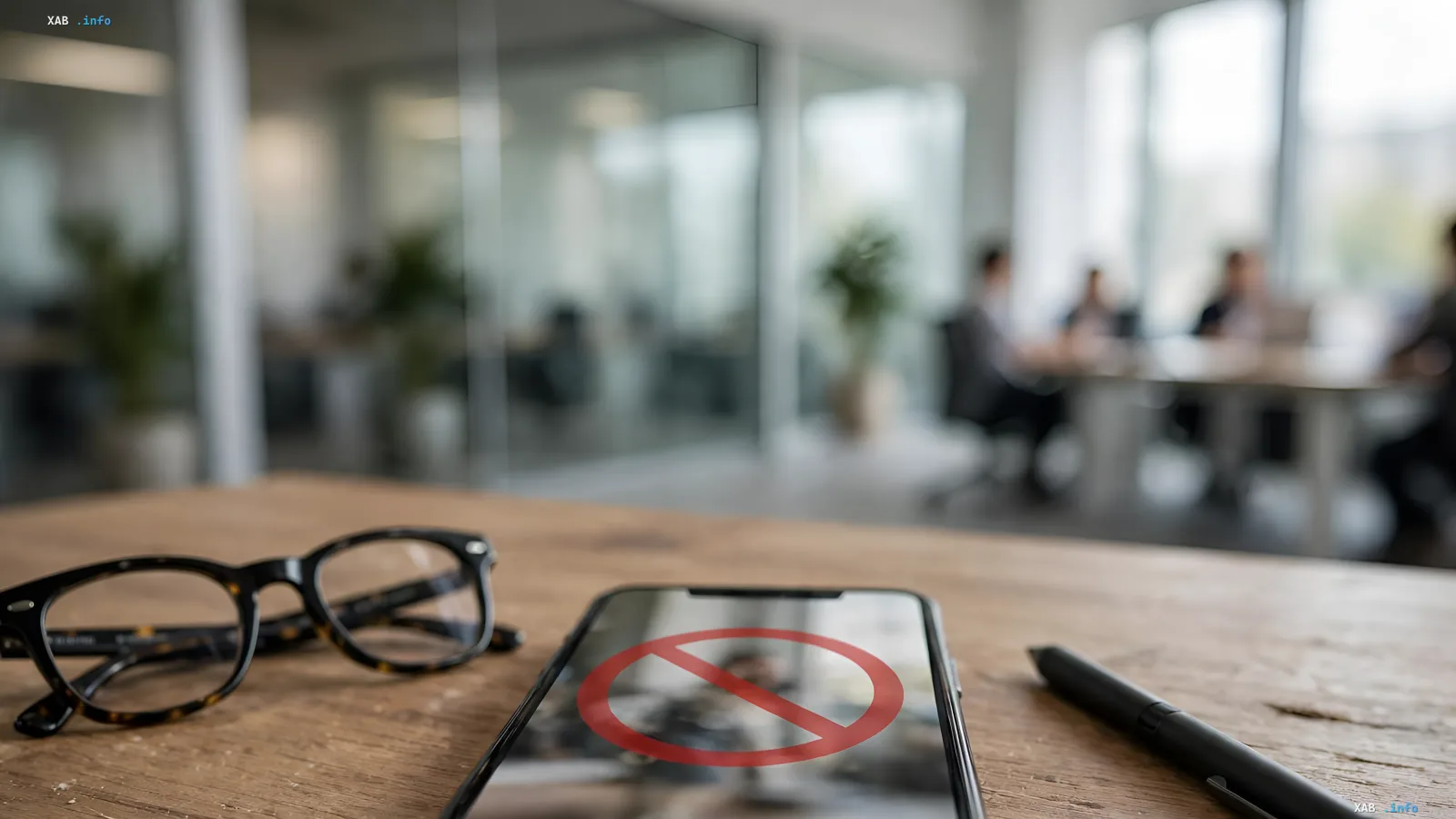 Smartphone mit rotem Verbotsschild auf dem Bildschirm und Brille auf einem Holztisch im Buero
