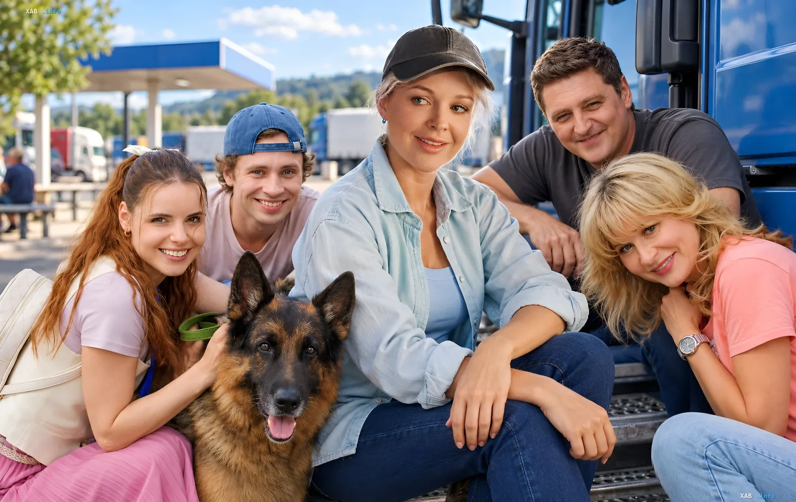 Actors of the comedy series ATP Pereviznyky posing with a German Shepherd near a truck