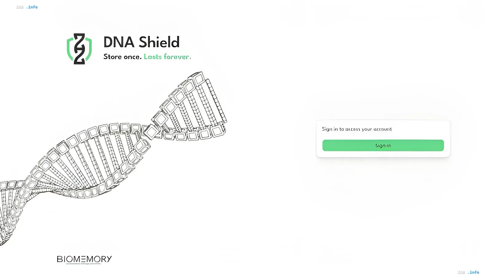 Benutzeroberfläche des DNA-Shield-Dienstes von Biomemory mit einer grafischen DNA-Struktur und Anmeldeschaltfläche