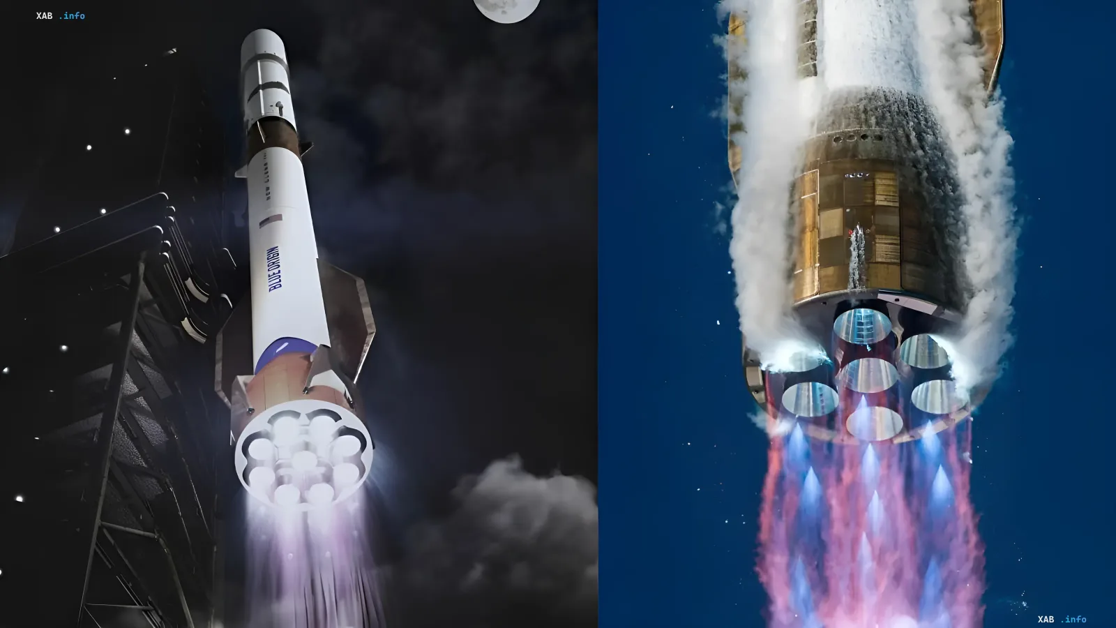 Zwei Fotos der schweren Trägerrakete New Glenn von Blue Origin beim Start mit heller Triebwerksflamme