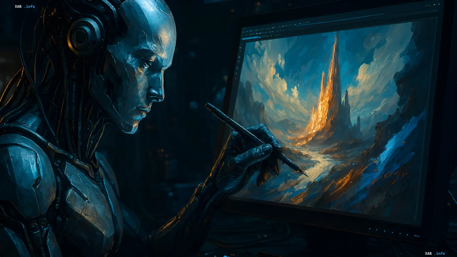 Cybernetic robot with headphones creates a digital painting on a computer monitor