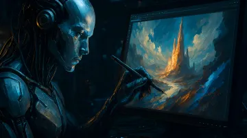 Cybernetic robot with headphones creates a digital painting on a computer monitor