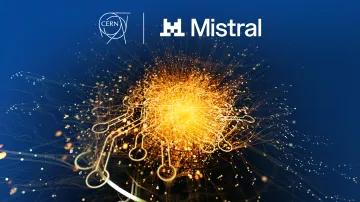 Логотипи CERN та Mistral на тлі візуалізації зіткнення часток Великого адронного колайдера