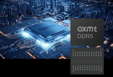 CXMT DDR5 Speichermikrochip vor dem Hintergrund einer futuristischen Stadt mit Prozessorchip und Kontakten