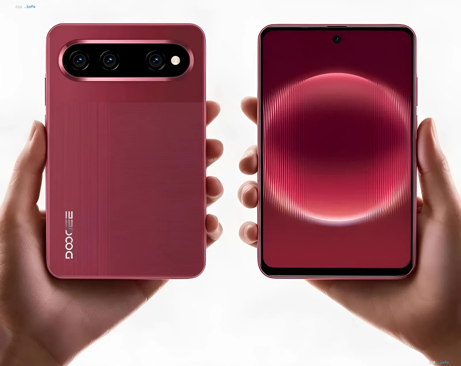 Zwei Hände halten ein rotes Doogee Note60 W Smartphone mit Kamera und Display