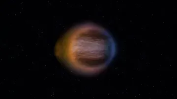Illustration of the egg-shaped exoplanet WASP-17b against a starry background