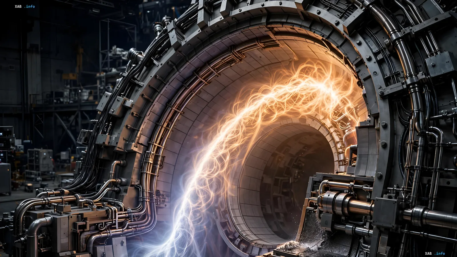 Complex fusion reactor facility with a glowing energy discharge inside the chamber