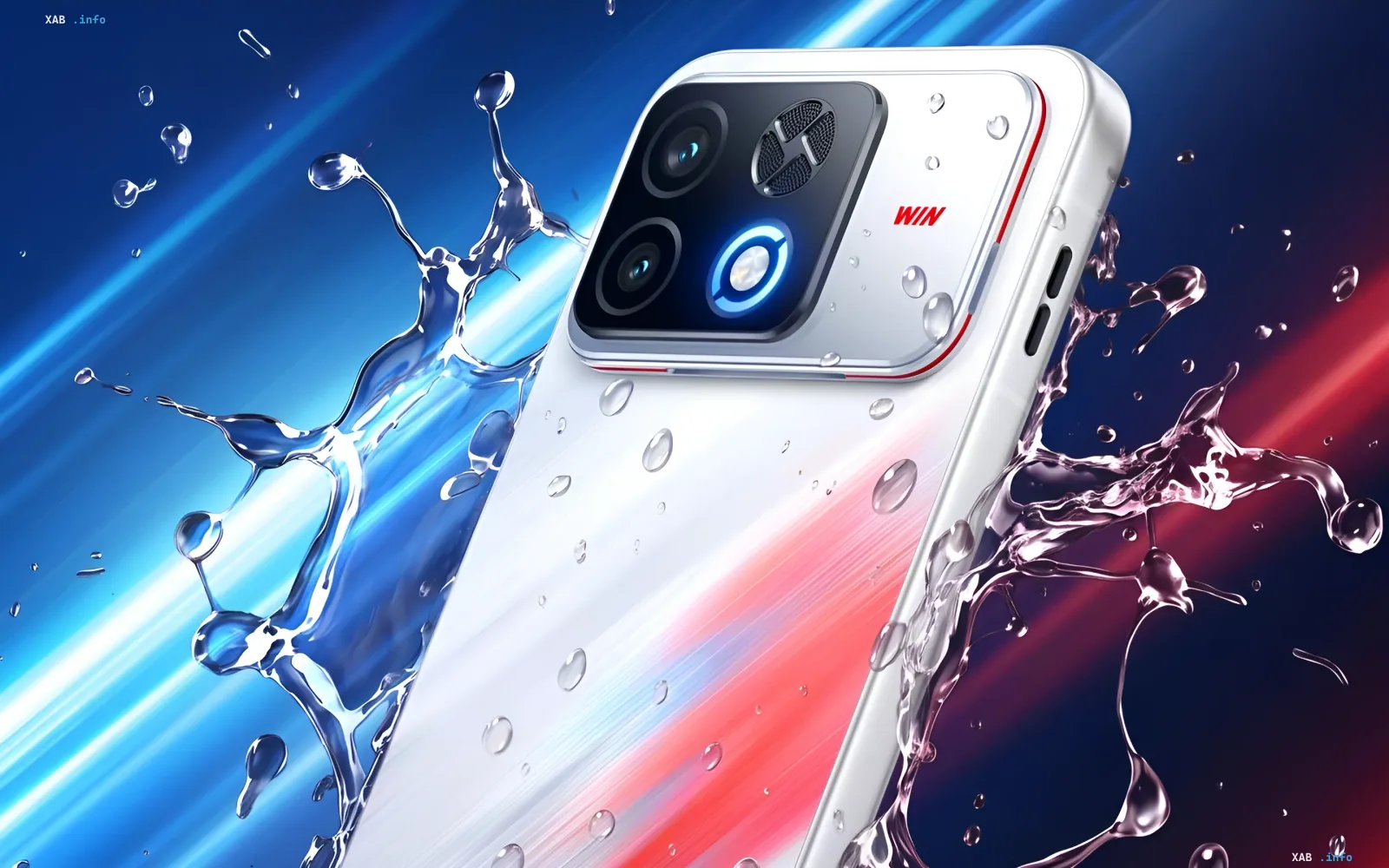 Honor Win 2 gaming smartphone in a white body under water splashes with backlighting
