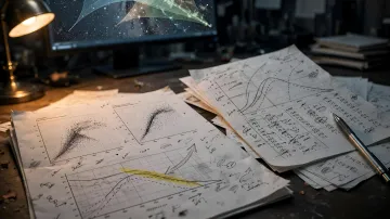 Wissenschaftliche Entwürfe, Diagramme und Formeln auf Papier neben einem Monitor an einem dunklen Schreibtisch