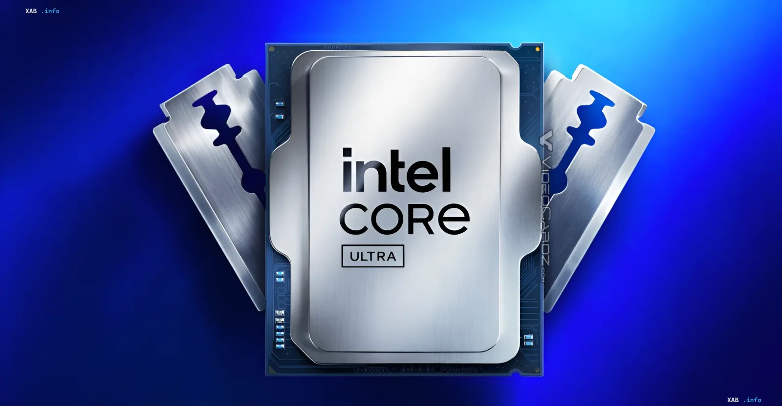 Intel Core Ultra Prozessor vor blauem Hintergrund neben Rasierklingen