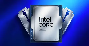 Процессор Intel Core Ultra на синем фоне рядом с лезвиями бритвы