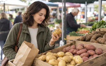 Женщина выбирает картофель на рынке, изучая клубни в деревянных ящиках