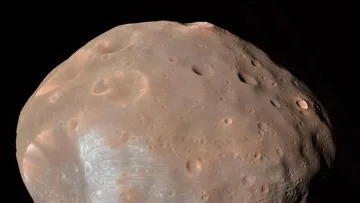 Close-up of the Martian moon Phobos surface with numerous craters and uneven terrain in space